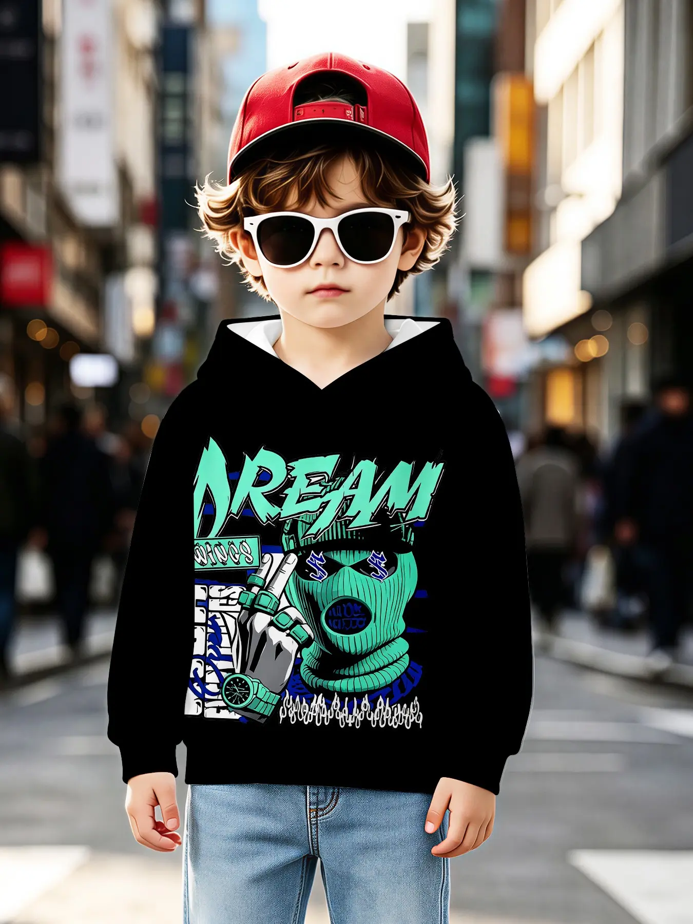 Hip-Hop Hoodie for Kids, Casual Long Sleeve Sweatshirt with All over Print, Loose-Fitting Fall & Winter Clothing