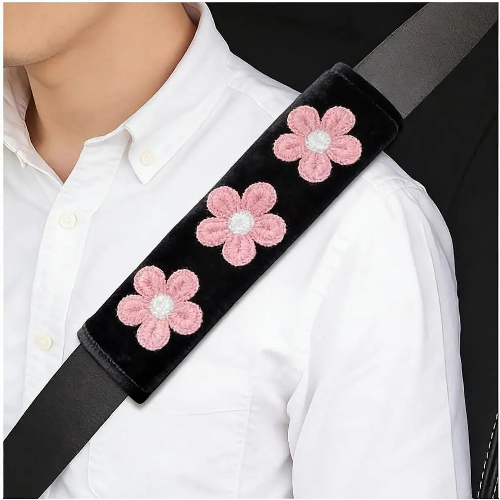 2 count Cute Flower  Seat Belt Cover, Soft & Breathable, Black/ | Floral Seatbelt  Harness Pad, Auto Interior Seat Belt Strap Mar Cushion for Comfortable Driving,  Fit