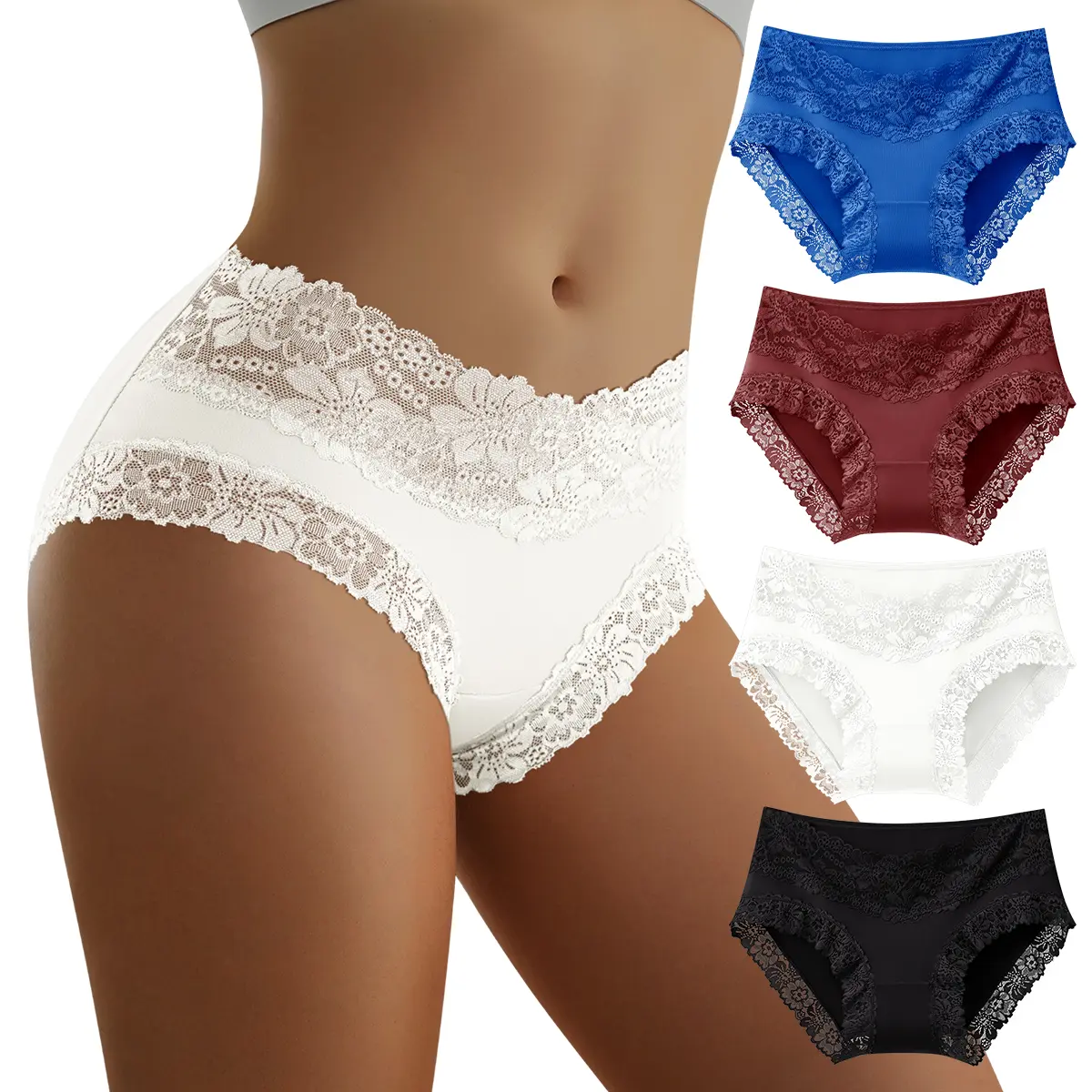 QUASTI 4PCS Women's Low Waisted Lace Sexy Bikini Panties, Lightweight Solid Color Skin-Friendly Soft Briefs, Full-Coverage Comfort Stretch Underwear, Daily Wear, S-XXL