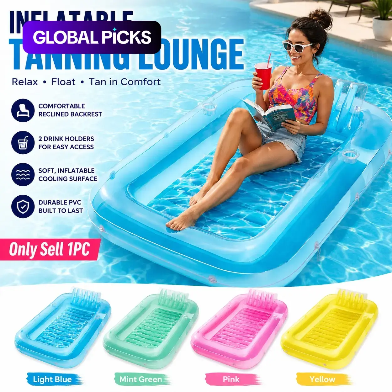 Inflatable Tanning Pool Lounger Float Adult Suntan Tub Raft, 177x116cm Blow Up Pool Float with Pillow, Reclined Backrest, 2 Cup Holders and Cooling Water Bed, Portable PVC Lounge Mat for Backyard Pool, Beach, Lake, Lawn Summer Relaxing