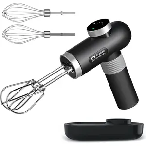 Kitchen in the box Cordless Rechargeable Hand Mixer for Kitchen, Portable Handheld Electric Mixer with Beaters, Whisks, 6-Speed Digital Display, Charging Base and USB-C Charge Cable (Classic Black)
