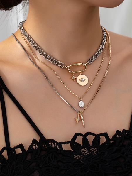 Metal simple gold and silver two-color multi-layer necklace, personalized exaggerated trendy eye pendant multi-layer stacking necklace for women, fashionable and versatile, suitable for daily wear during the back-to-school season, and a gift for Teacher's