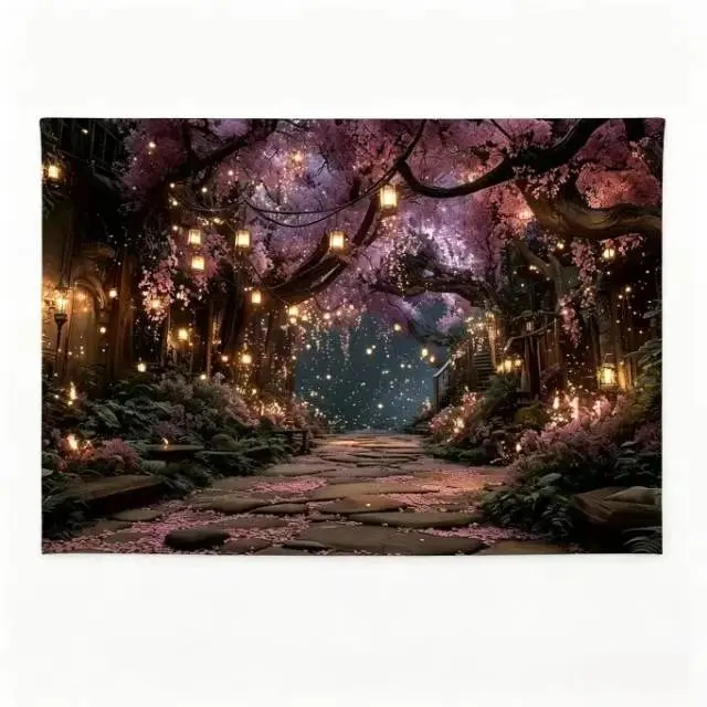 Magical Forest Tapestry - Enchanted Purple Cherry Blossom Trees & Glowing Lanterns Wall Hanging, Horizontal Fantasy Landscape Decor for Bedroom,  Living Room, Photo Studio Backdrop - No Electricity Needed, Easy Hang Installation - Indoor/Outdoor Use, H