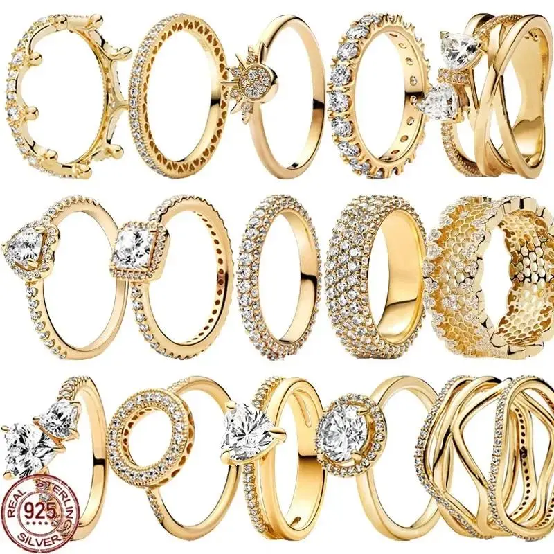 925 sterling silver exquisite gold series ring, sparkling heart-shaped crown ring, fashionable charm jewelry gift