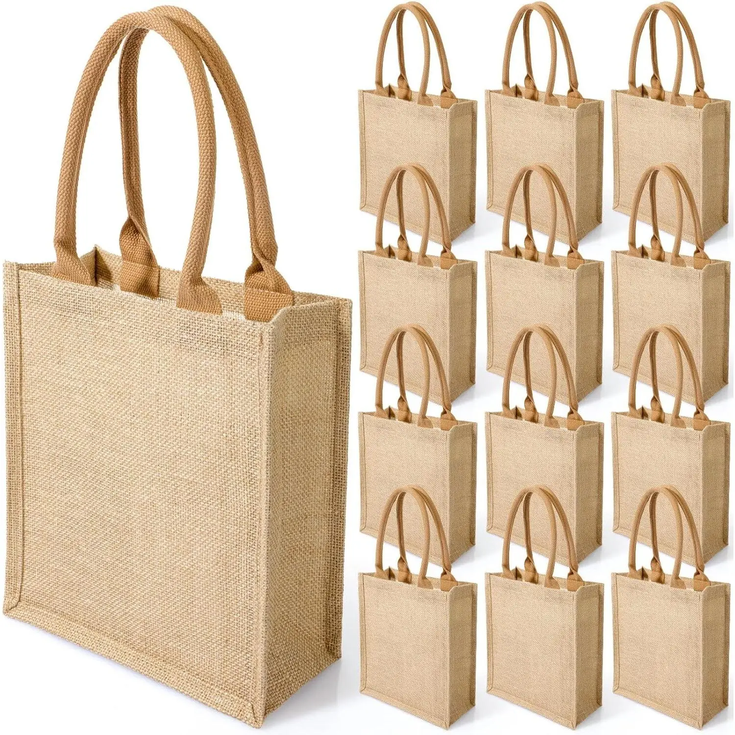 10 Pcs Burlap Tote Bags Burlap Gift Tote with Handles Reusable Beach Bridesmaid Welcome Bags for DIY Wedding Shopping Pool Party Favor, 11.1''x 9.5''x 4.2''(Khaki)