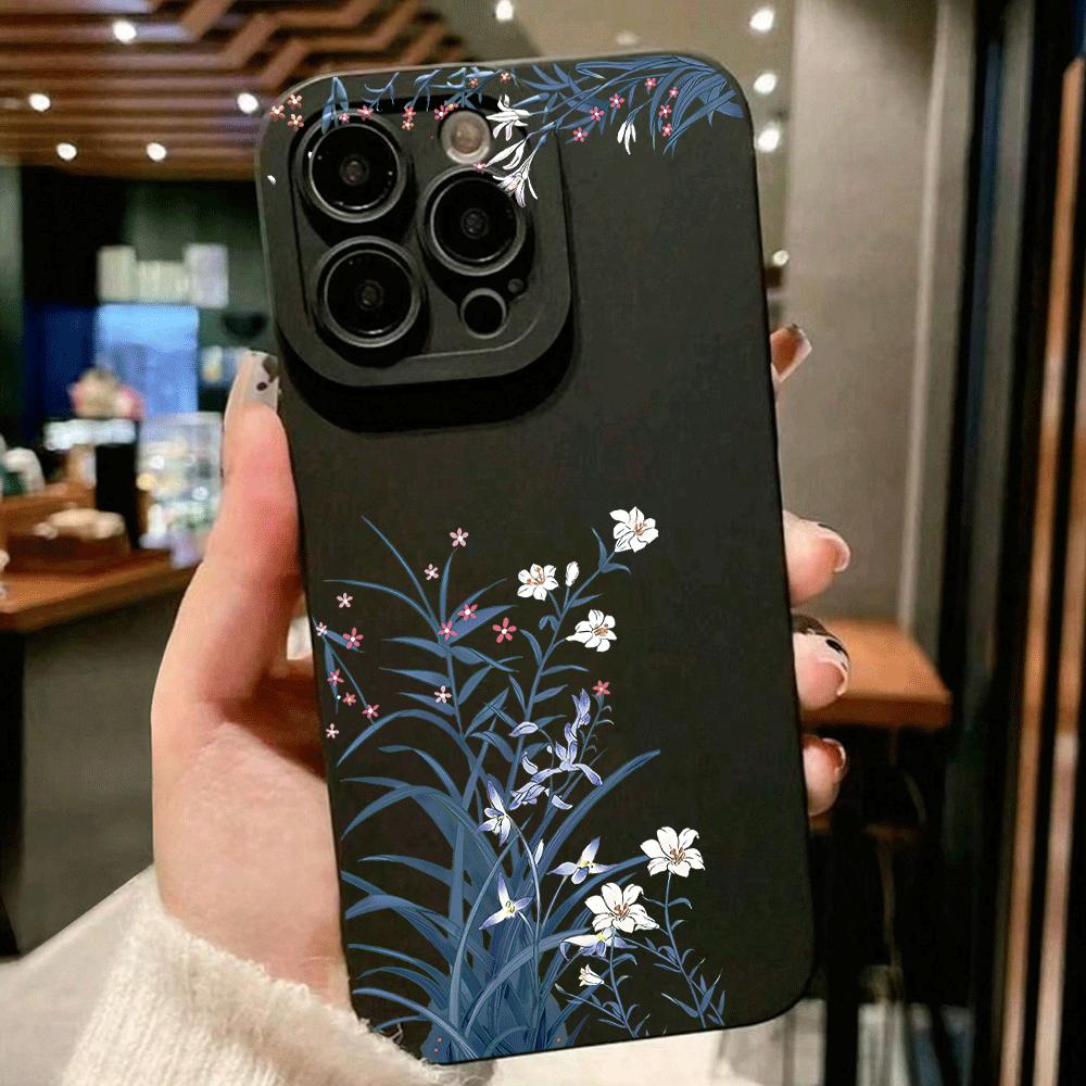 1pc black matte phone case with floral illustrations of plants and green leaves, suitable for iPhone 17/17Pro/17Air/17ProMax/16/16Pro/16Plus/16ProMax/15/15Pro/15Plus/15 ProMax/14/14Plus/14Pro/14ProMax