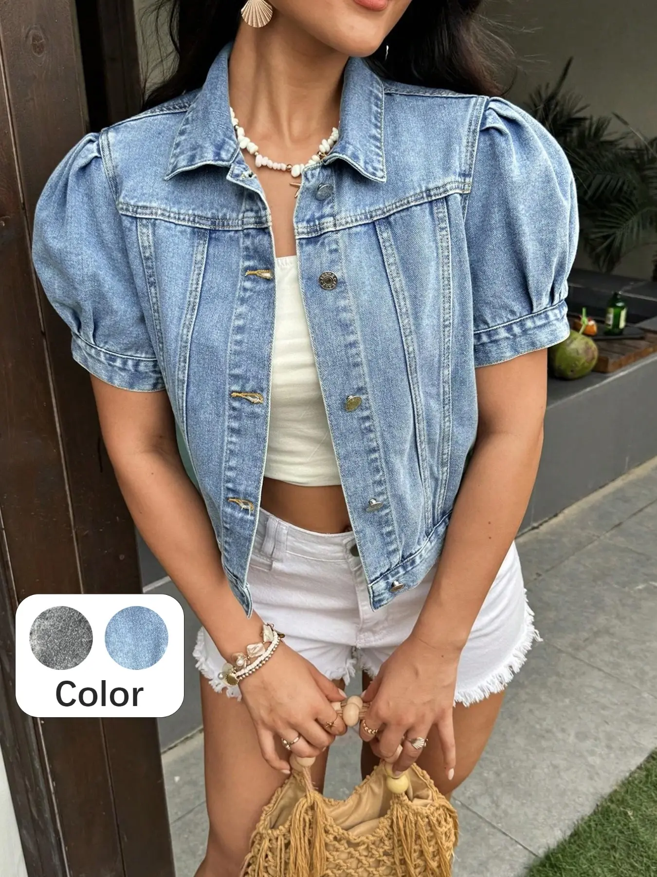 Summer Women's Denim Jacket, Short Sleeve Button Closure, Casual Fitted Outerwear, Bubble Sleeves, Multiple Colors, Daily Wear, Everyday, Summer Style