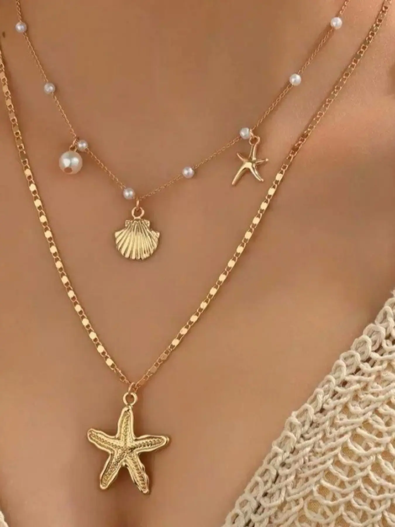 Summer Beach Shell Starfish Pearl Necklace, Adjustable Multi-Layered Lockbone Chain, Boho Style Jewelry for Daily Wear and Beach