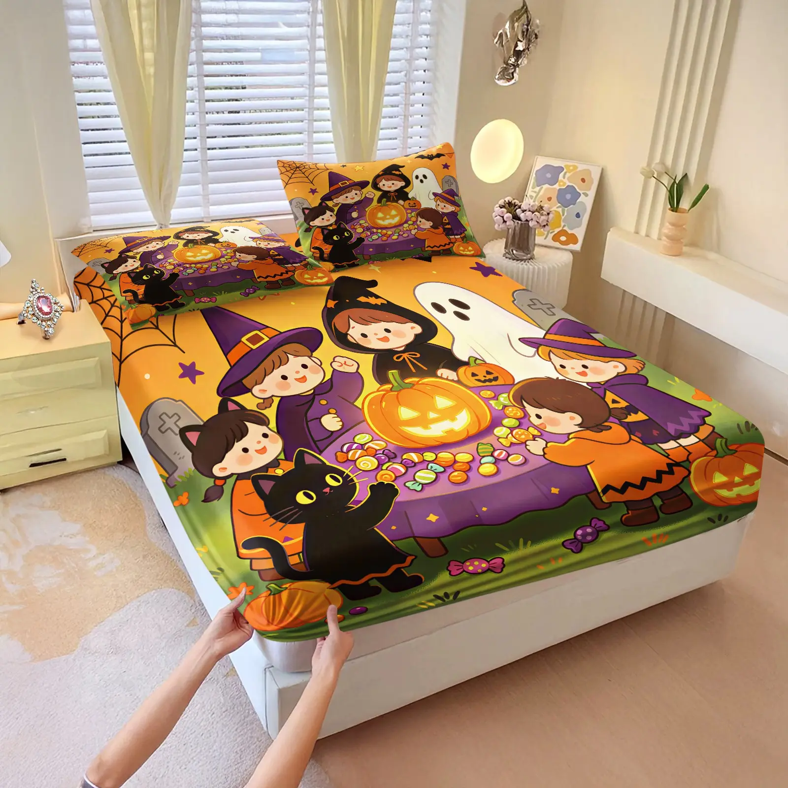 3Pcs Halloween Fitted Sheet Set, all-over pumpkin ghost bat print, elastic wrap soft breathable mattress cover