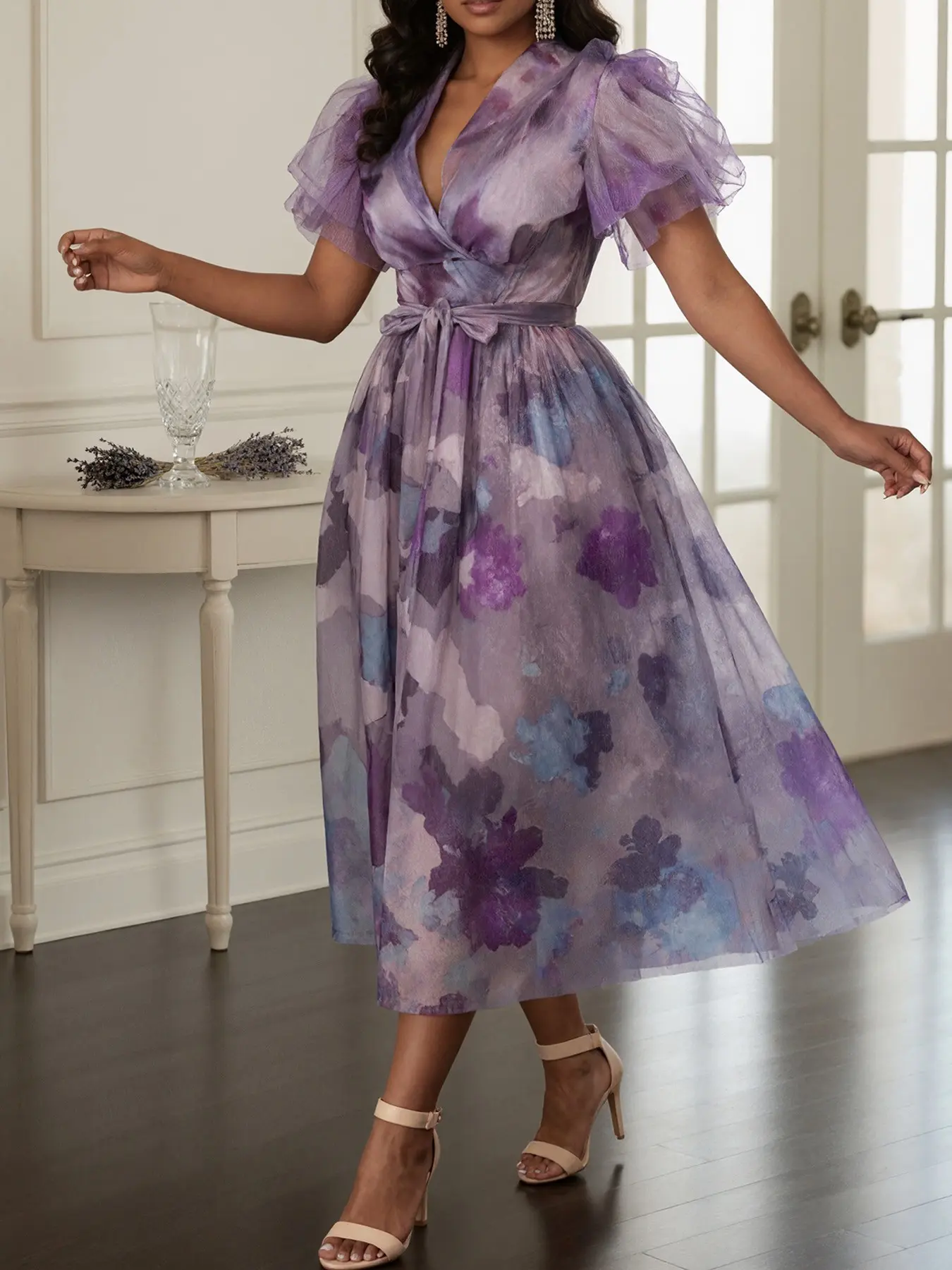 Chiffon Bubble Sleeve Vneck Printed Cross Front Waist Cinched Flowy Midi Dress, Elegant Evening Gown, Perfect for Special Occasions