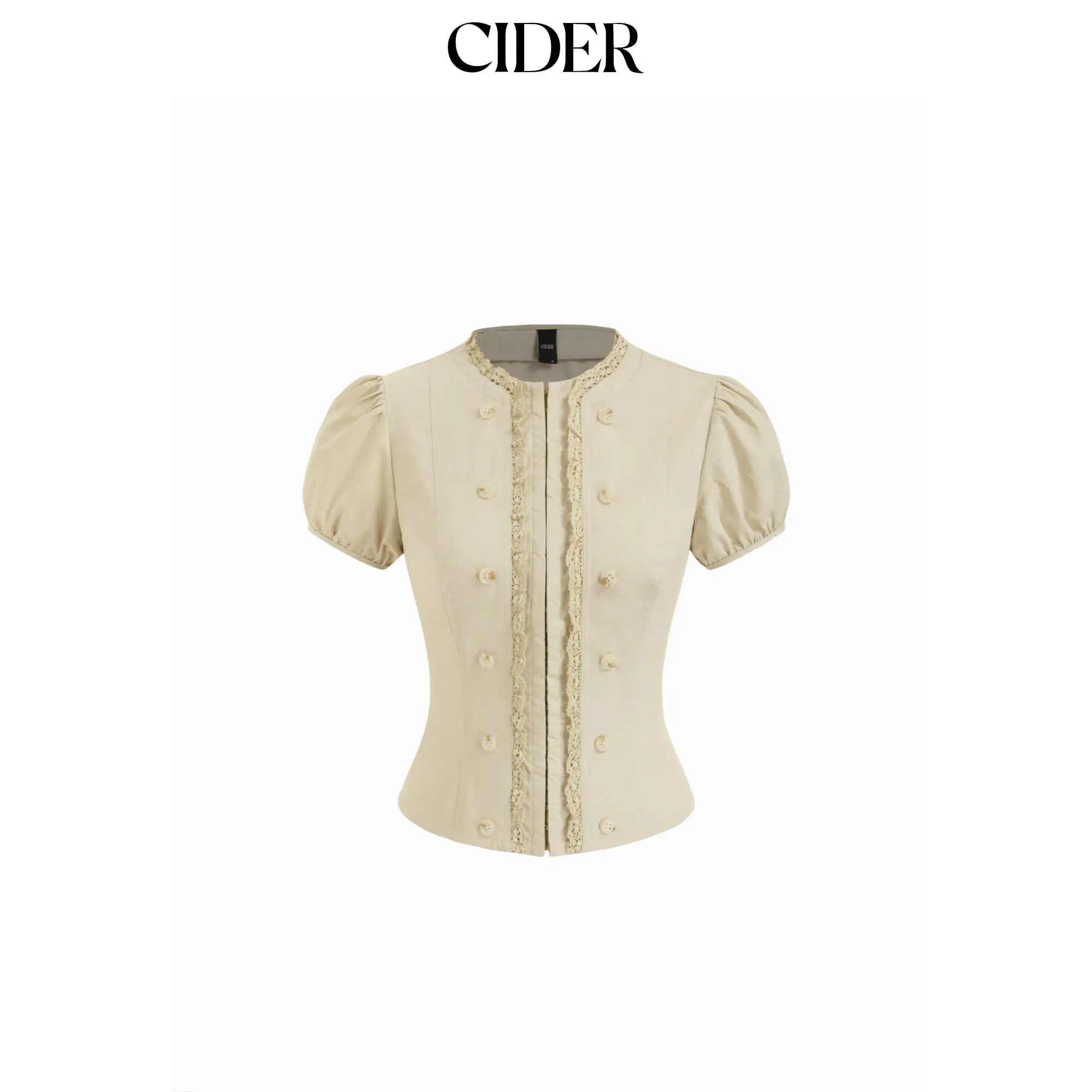 Cider Cotton Puff Sleeve Lace Panel Blouse