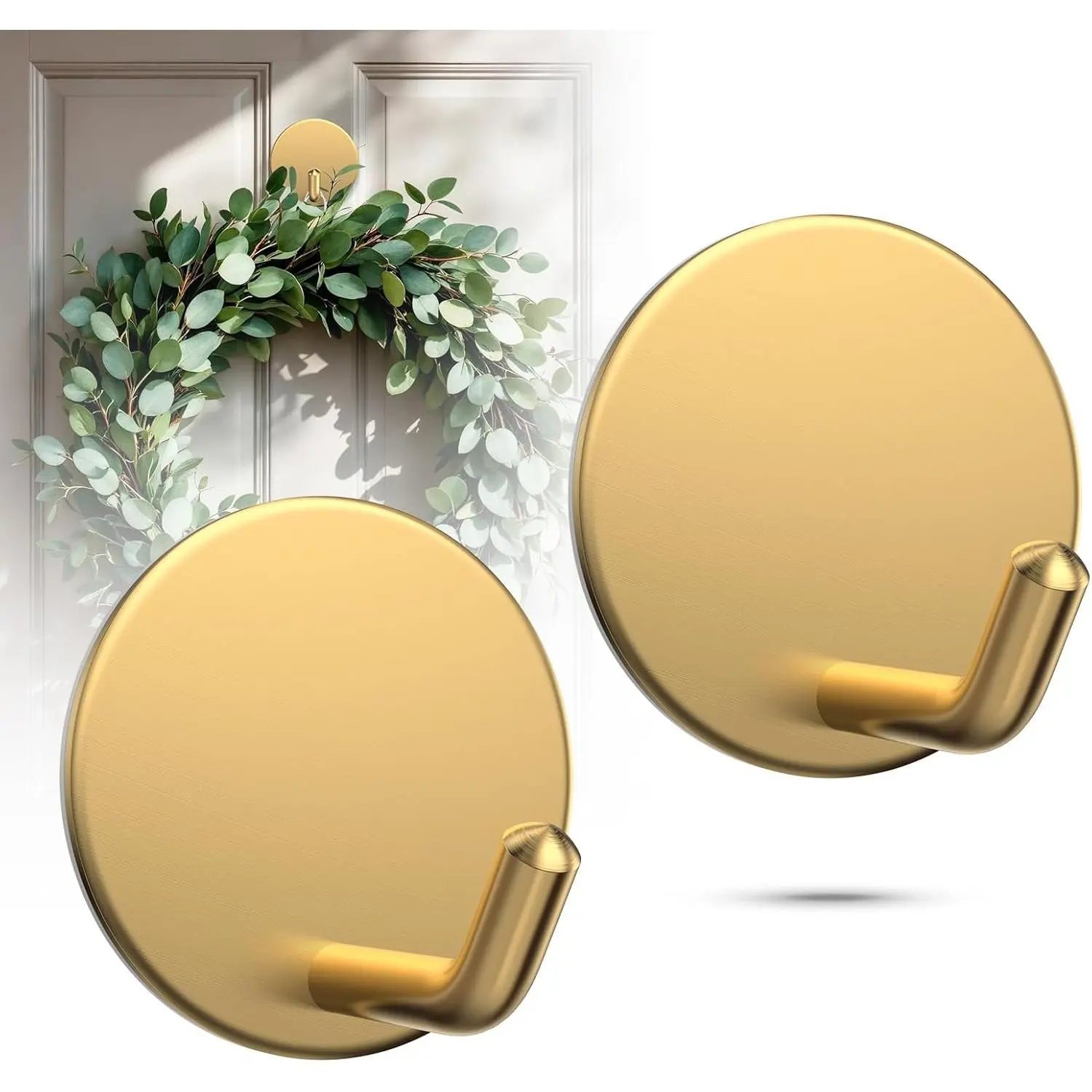Adhesive Wreath Hanger, Heavy Duty Reef Hook | for Front Door Glass Window | for Christmas/Thanksgiving/Halloween/July 4th/Easter/Valentine/Fall/Summer/Spring (Gold, 2-Pack)
