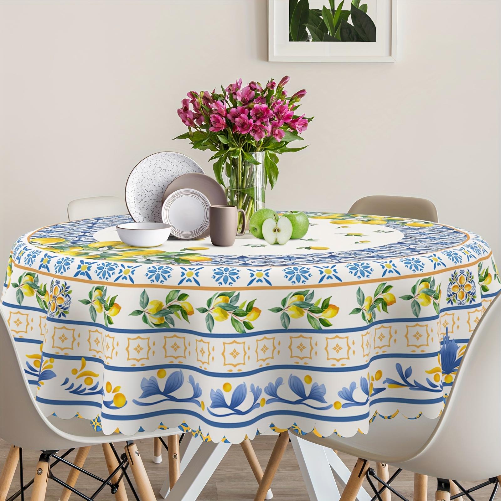 Elegant Mediterranean-Inspired Tablecloth with Fresh Lemon & Blue Floral Design - Polyester, Machine Washable for Dining Room, Living Room, Outdoor Decor