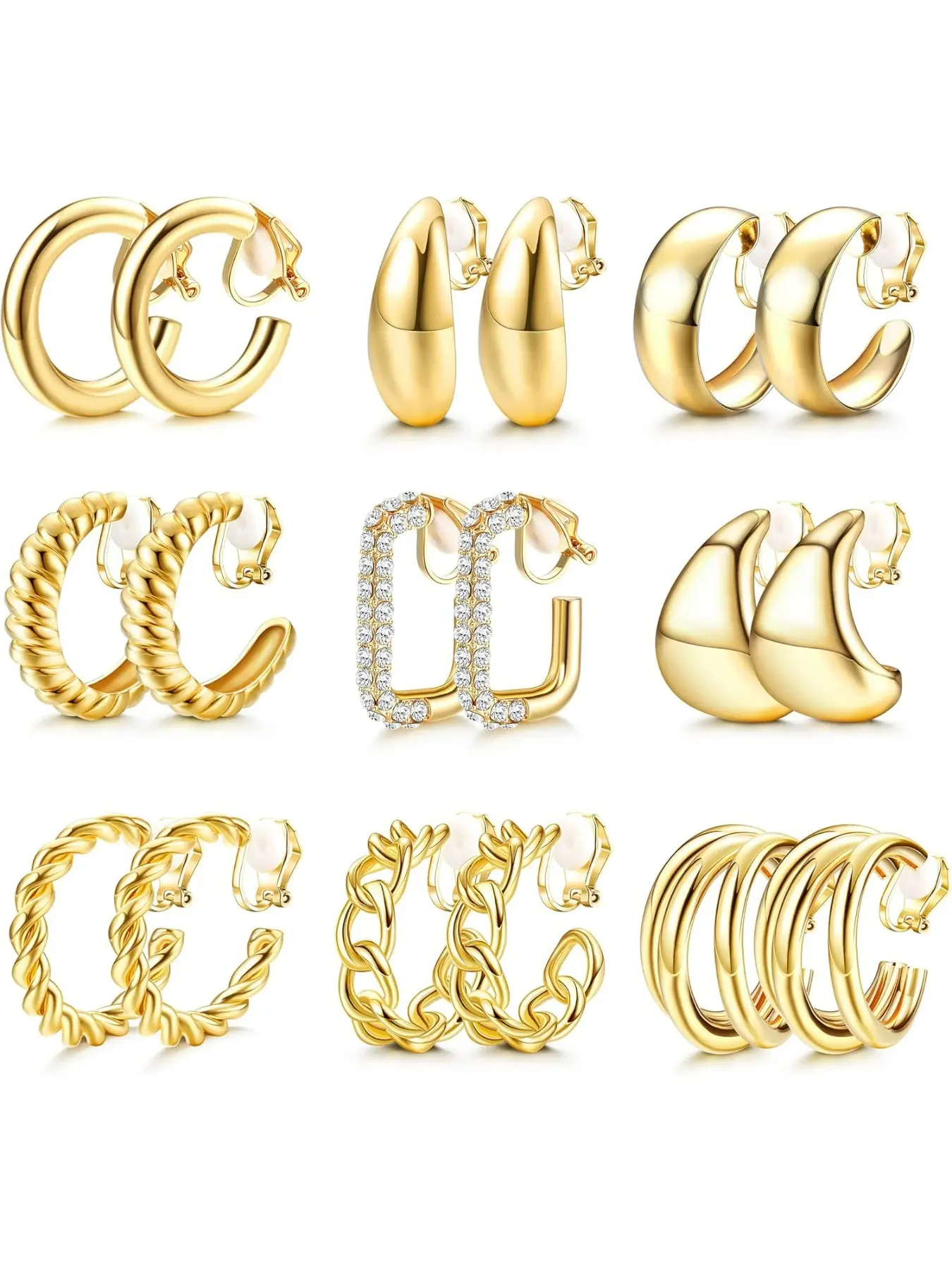 9 Pairs Gold Clip on Earrings for Women 14K Gold Plated Waterdrop Chunky Clip on Hoop Earrings No Piercing Fake Earrings Set