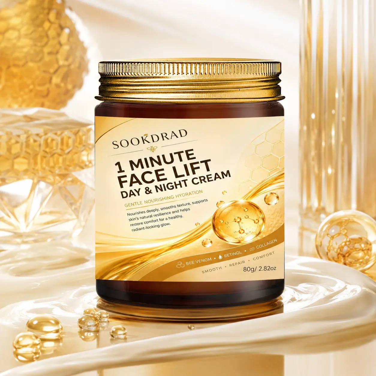 1 minute face lift day night cream, contains bee venom, retinol, collagen, gentle nourishing hydration, smooth skin texture, restore skin comfort, radiant glow, for face, 80g/2.82oz