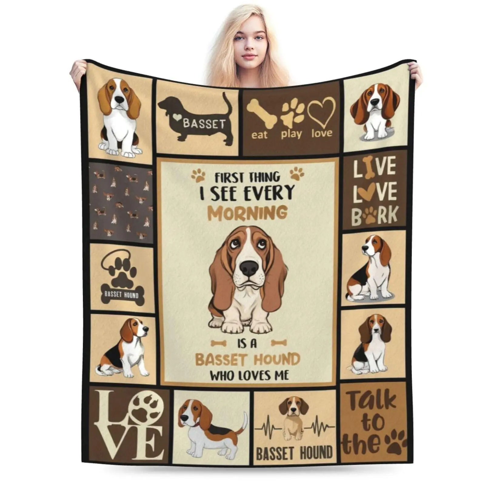 1PC Basset Hound Grid Patch Slogan Print Flannel Blanket, Brown Tone Multi-frame Long Ear Dog Paw Bone Inspirational Text Soft Throw Blanket, Pet Dog Lover Nap Cover For Sofa Office, All Season Vintage Coffee Grid Decor Bed Throw