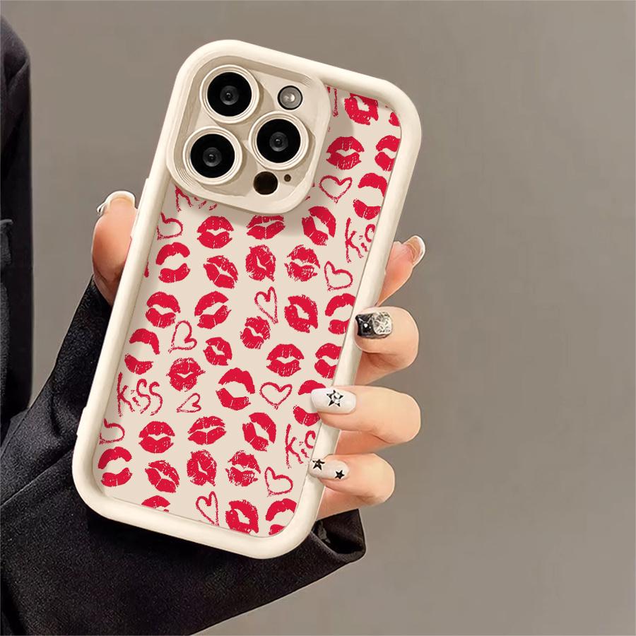 Phone Case: 1pc Red Lip Print Heart Kiss Phone Case Suitable for Apple iPhone 17 E Air Pro ProMax iPhone16 15 14 Plus 13 12 Mini 11 X XS XR Antidrop Shock Proof All Inclusive Lens Protection Girlish Style Cute Can
