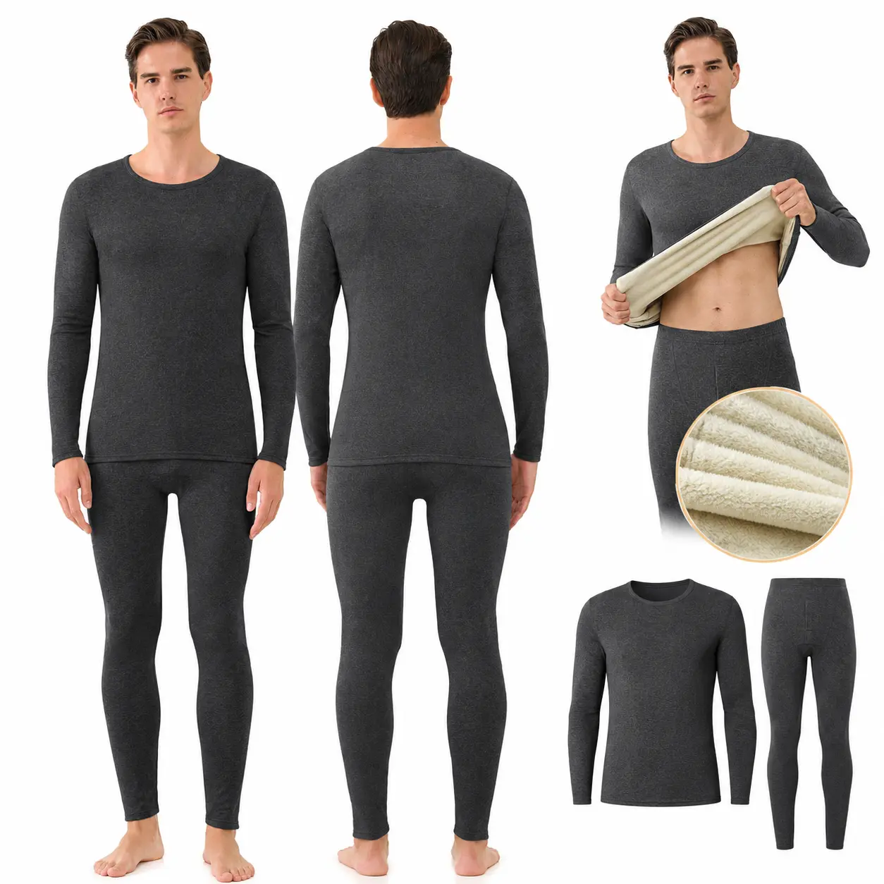 Men's Full Body Contour Sports Thermal Underwear 2-Piece Set, Fleece-Lined Compression Base Layer Top & Bottom for Winter Cold Weather Outdoor Skiing, Cycling, 2 Piece Sets, Full Body Contour Men's Sports Thermal Underwear