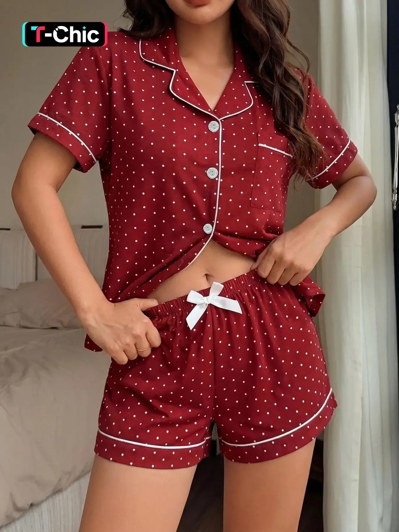 Women's Mini Polka Dot Sweet Collar Short Sleeve Top with Pockets and Bow Shorts, Casual Fitted Striped Pajama Set for Home Wear, Nightwear Sleepwear Pajama Suit Loungewear, Loungewear Pjs Set, Nightwear Pajamas