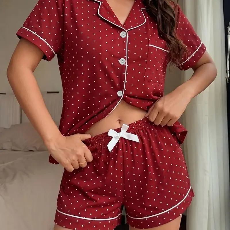Women's Mini Polka Dot Notched Collar Short-Sleeve Top with Pockets & Bow Shorts, Casual Fitted Pajama Set for Home Wear, Loungewear, Pjs