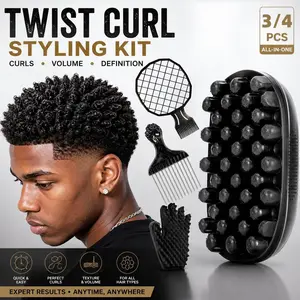 4PCS Twist Curl Styling Kit for Men, Afro Twist Sponge Brush Set with Curl Pick, Texture Comb & Wave Glove for Easy Styling, Defined Curls, Coils, Volume & Short Natural Hair