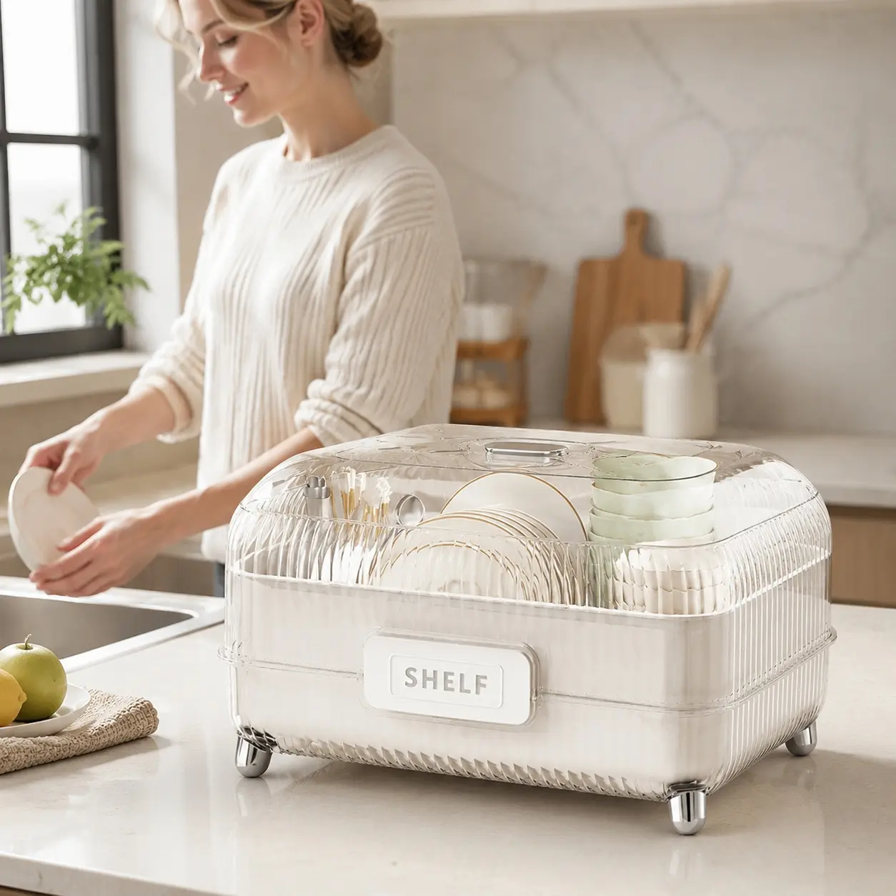 Covered Dish Drying Rack with Raised Feet, Transparent Lid Kitchen Plate Utensil Storage Organizer for Countertop Tableware Storage Dishware