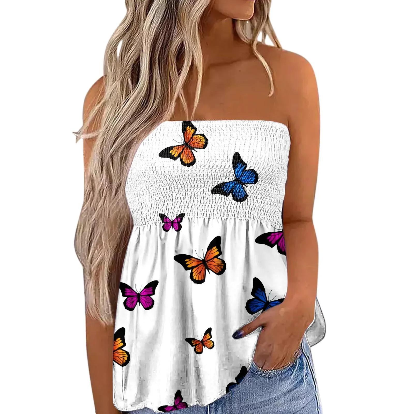 2025 New Women's Fashion Clothing Independence Day Printed Tube Top T-shirt for Women Flowy Strapless Tube Top Blouse