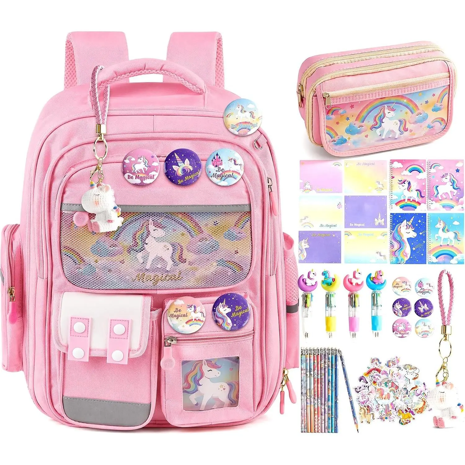 88 count Unicorn Backpack Stationery Set Magical Themed  to Supplies with Backpack Pencil Case Notebooks Sticky Notes Ballpoint Pens Pencils Badges  Cards Wooden Lead Pencils