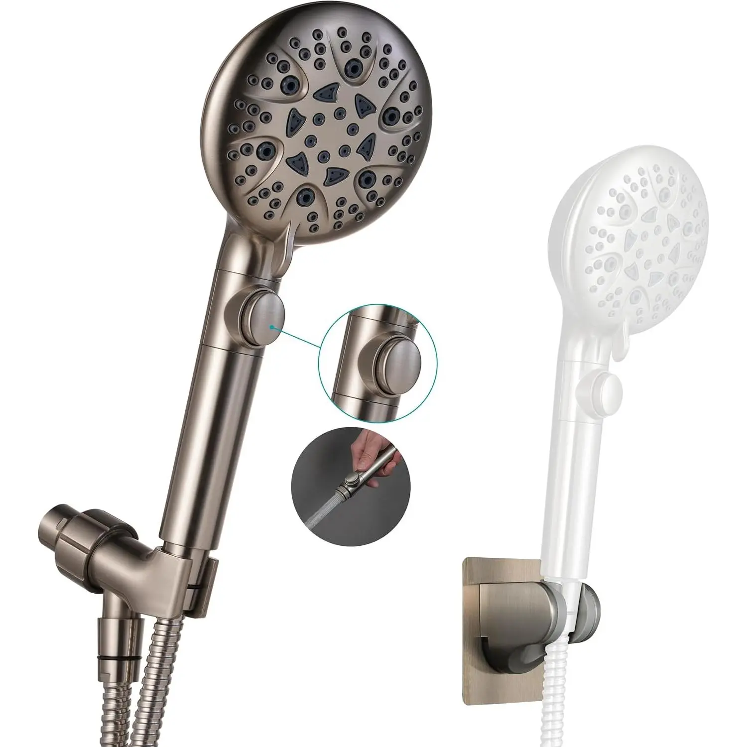 Brushed Nickel Shower Heads Handheld with On Off Switch,8-Mode High Pressure Shower Wand with 79In Stainless Steel Hose&Bracket PLUS Low-Reach Adhesive Wall Mount Holder for Kids&Elderly