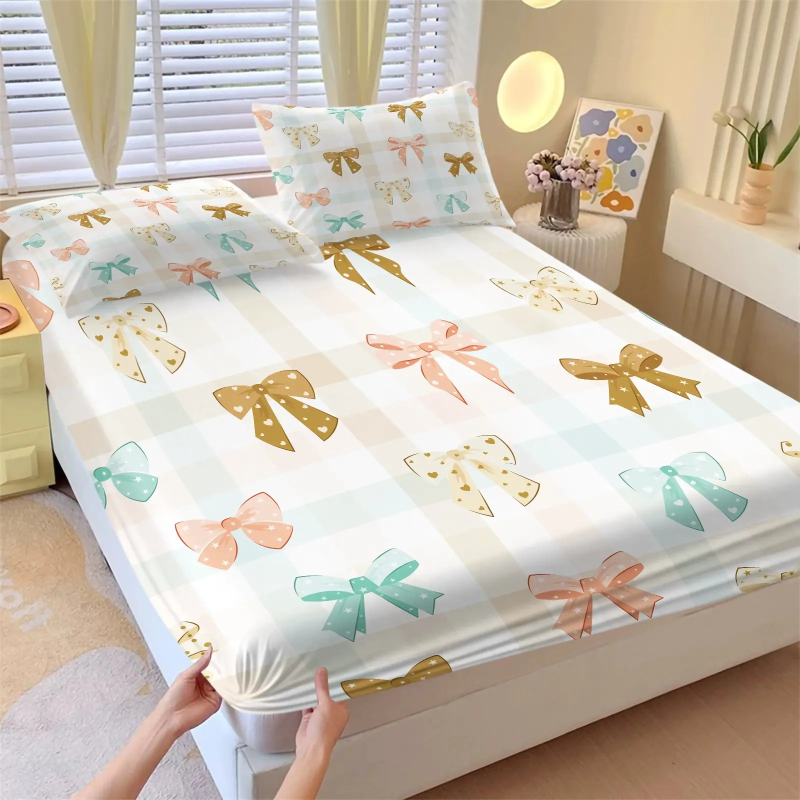 Trendy Pastel Checkered Multicolor Dot Bow Print Fitted Sheet Set, 1 Fitted Sheet & 2 Pillowcases, Sweet Aesthetic Patterned Bedding Set All Size, Deep Pocket Elastic Non Slip Mattress Cover, Girl Bedroom Aesthetic Home Decor Gift Choice