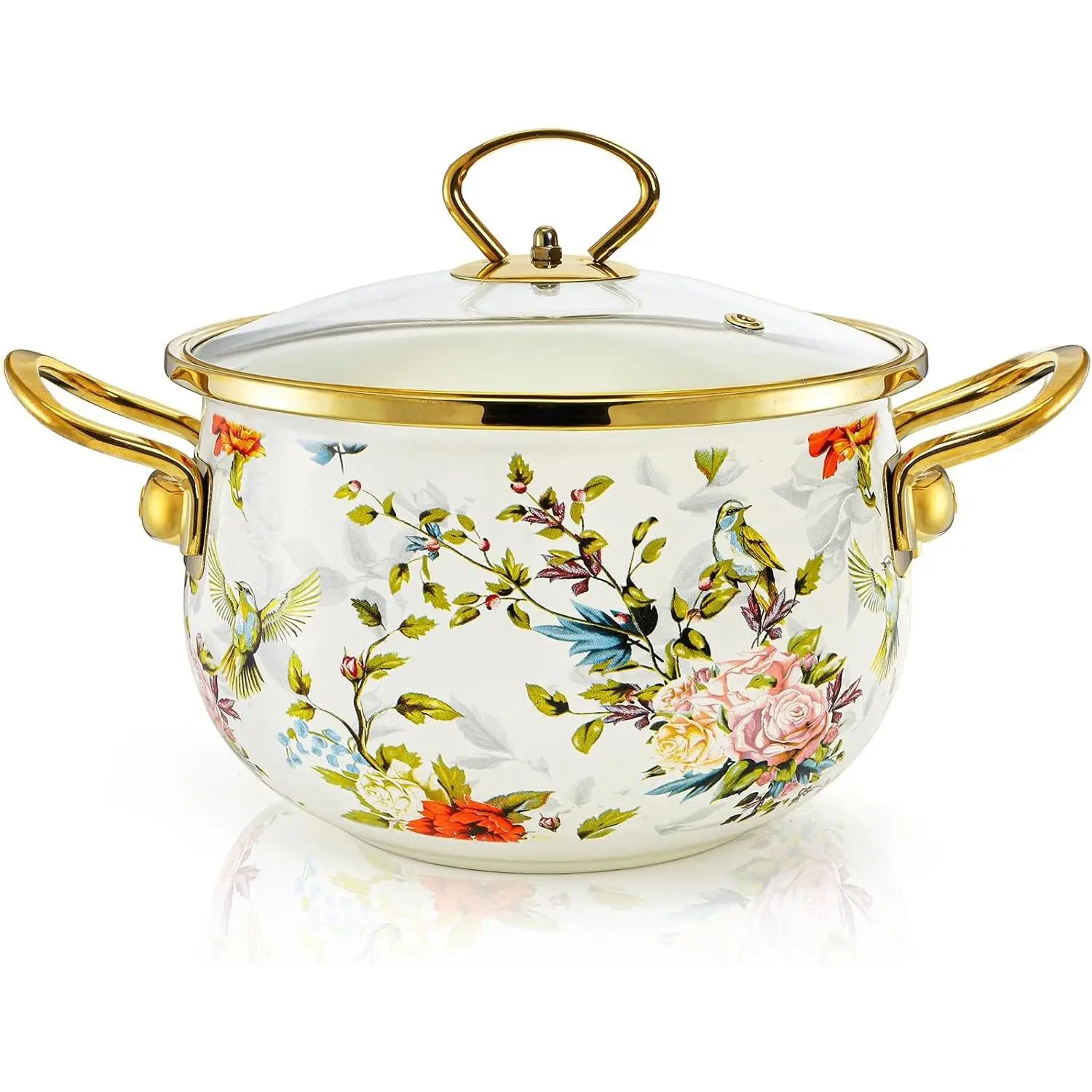 2.8 Quart Enamel Stockpot with Glass Lid, Vintage Floral Soup Pot, Non-Stick Bean Stew Simmer Pot with Handle for Kitchen, Induction & Gas Stove Safe, Mother's Day, Wedding, Christmas Gift