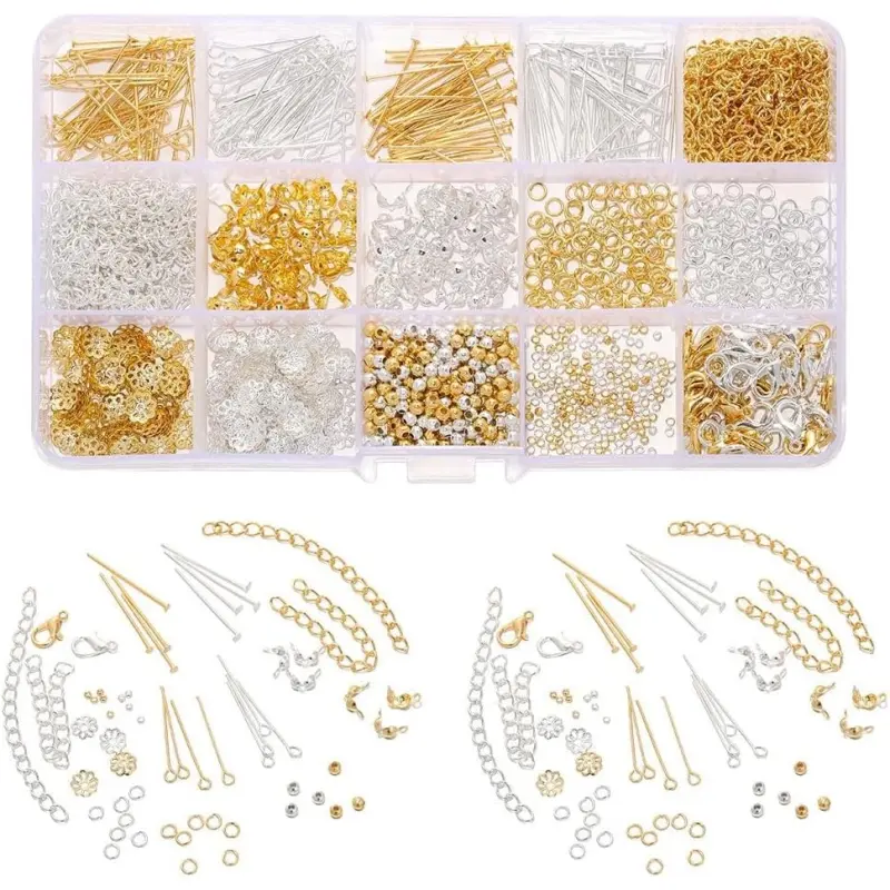 15-Grid Gold and Silver DIY Jewelry Making Kit with Lobster Buckle, 9-Character Needle, Single Circle, Flower Tray, Extended Chain for Homemade Crafts (Home Organizer Accessory)