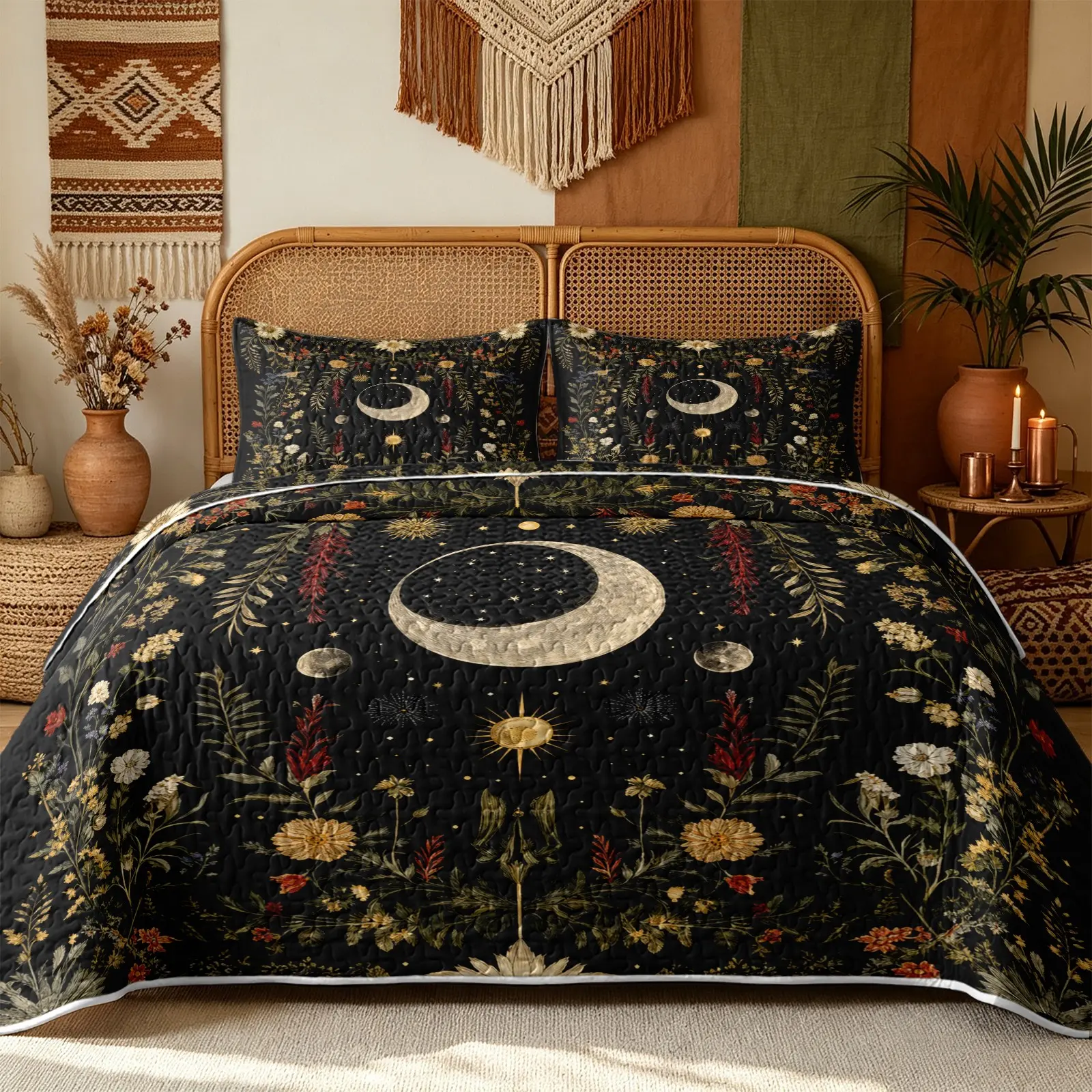 3Pcs Moon Star Wildflower Vintage Art Quilt Set 1 Quilt Plus 2 Pillowcases Black Background Moon Sun Celestial Pattern Surrounded Wild Plants And Birds Bohemian Mystical Garden Style Reversible Soft Bedding No Inner Filling All Season Use Boho Bedding Set