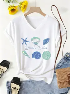 Women's Beach Style Pattern T-Shirt, Short Sleeve V Neck Casual Summer Top, Starfish Shell Print, Suitable for Spring and Summer