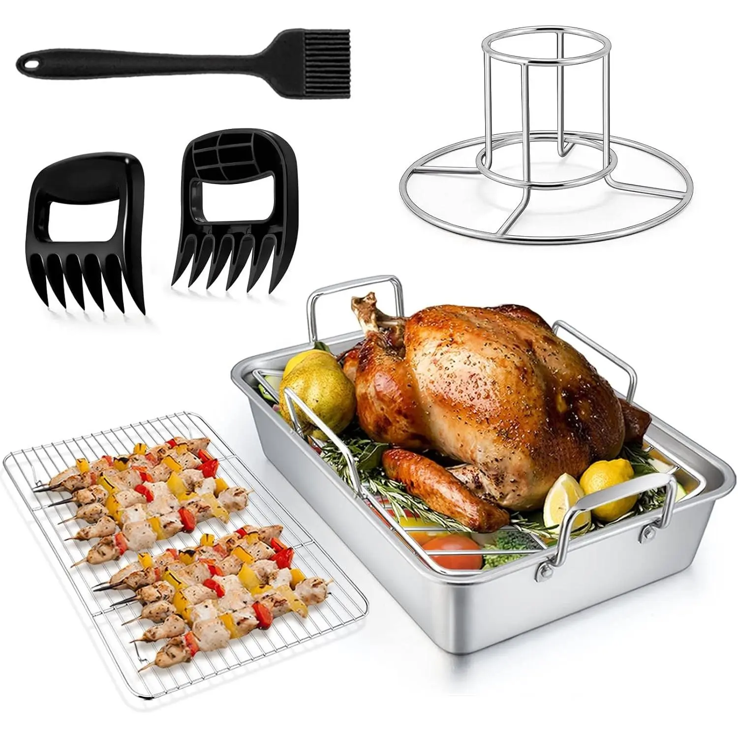 TeamFar 14" Stainless Steel Turkey Roasting Pan with Racks Set
