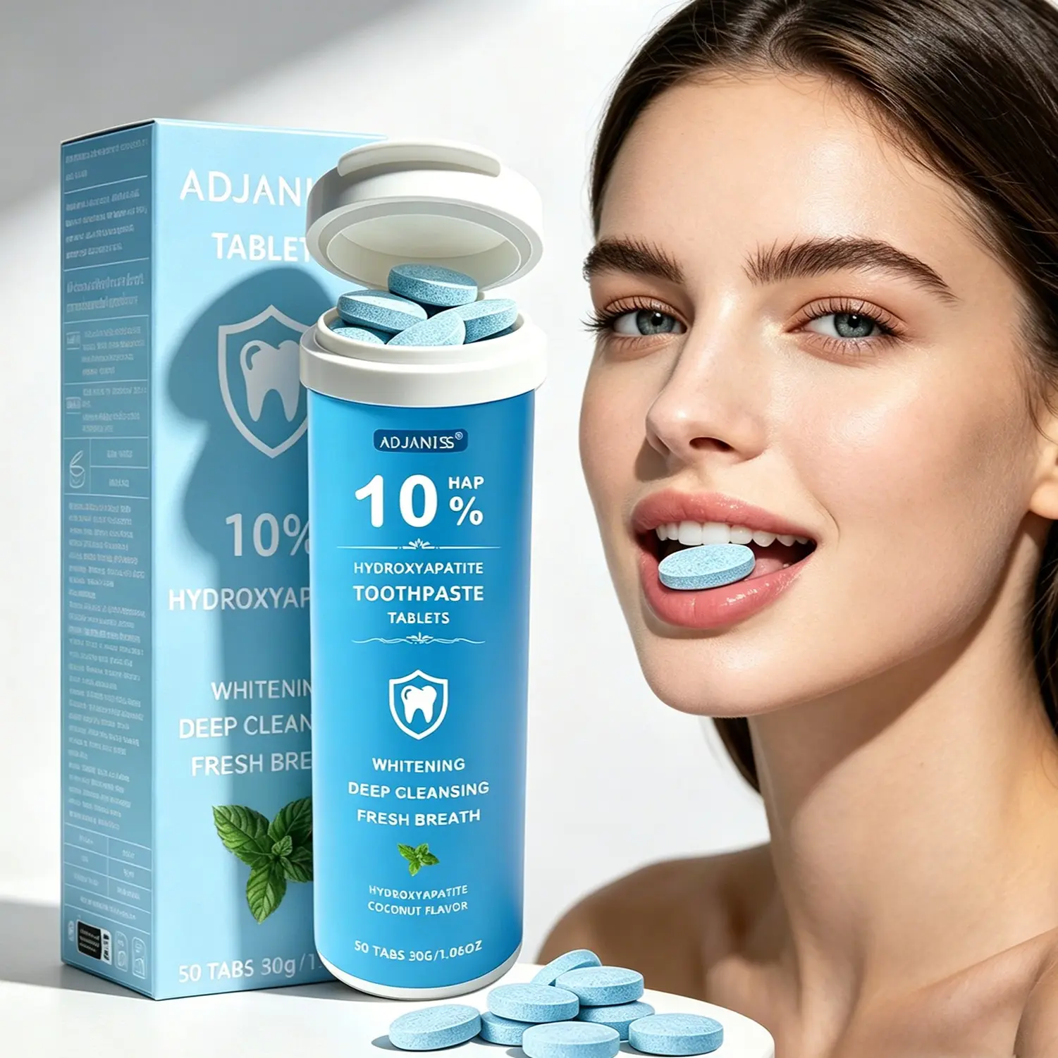 10% Hap Hydroxyapatite Teeth Whitening Solid Toothpaste Tablets, Fluoride-Free Coconut Mint, Portable Eco-Friendly, 50 Pieces, Fresh Breath