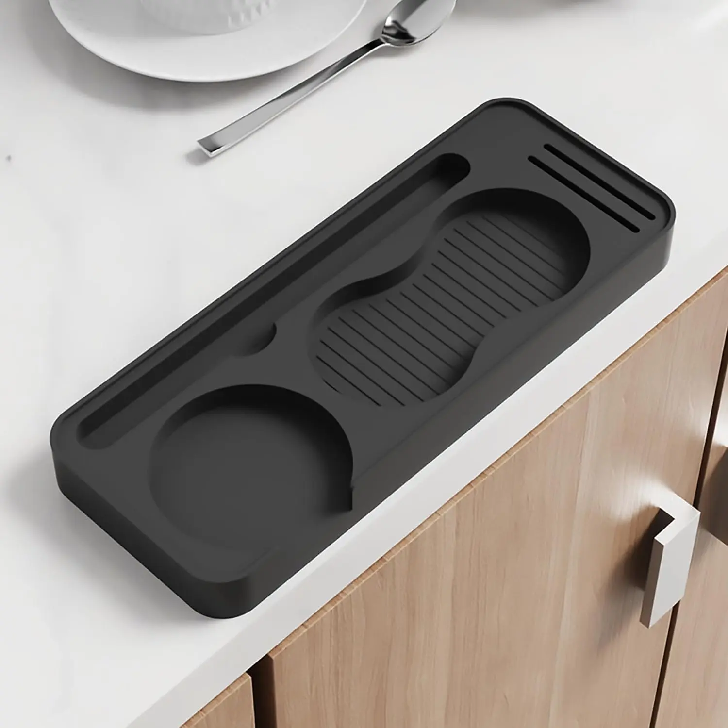 Espresso Tamping Mat, Espresso Tamper Mat, Coffee Tamper Mat for Countertop, Non-Slip Heat Resistant  Portafilter Mat for Distributor, Brush & Puck Screen, Dishwasher Safe (Black, 9.5"×3.7")