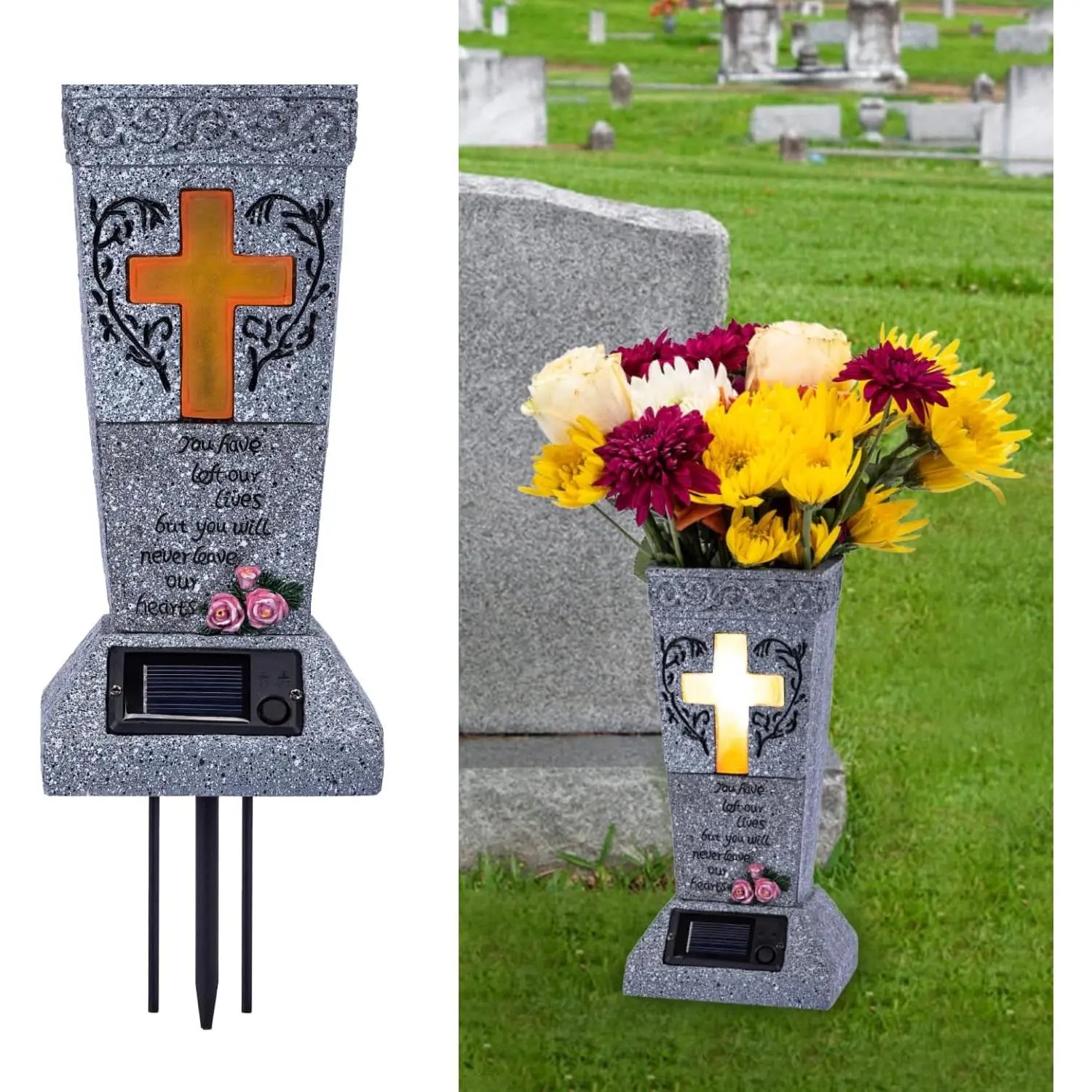 Solar Powered Cemetery Vase with LED Cross Light - Waterproof Memorial Flower Holder for Grave Decor, Sympathy Gift for Loss of Loved One, Fits Fresh or Artificial FlowersGift