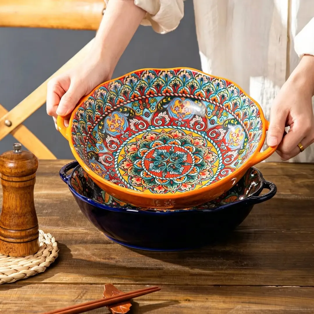Large Boho Ceramic Soup Bowl, Relief Tree Pattern, Dual Ear Design, Home Use, High Aesthetic Fruit Salad Bowl, Noodle Bowl, Heat Resistant, Ceramic Bowls