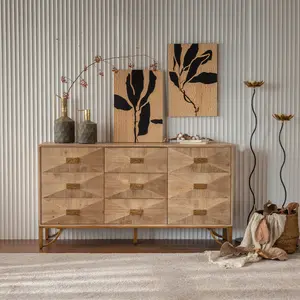 Aobtkel 59.44" Light Wood Sideboard Buffet - 3-Drawer + 2-Door Storage Cabinet with Geometric Relief Fronts, Gold Metal Legs for Living Room/Dining Room