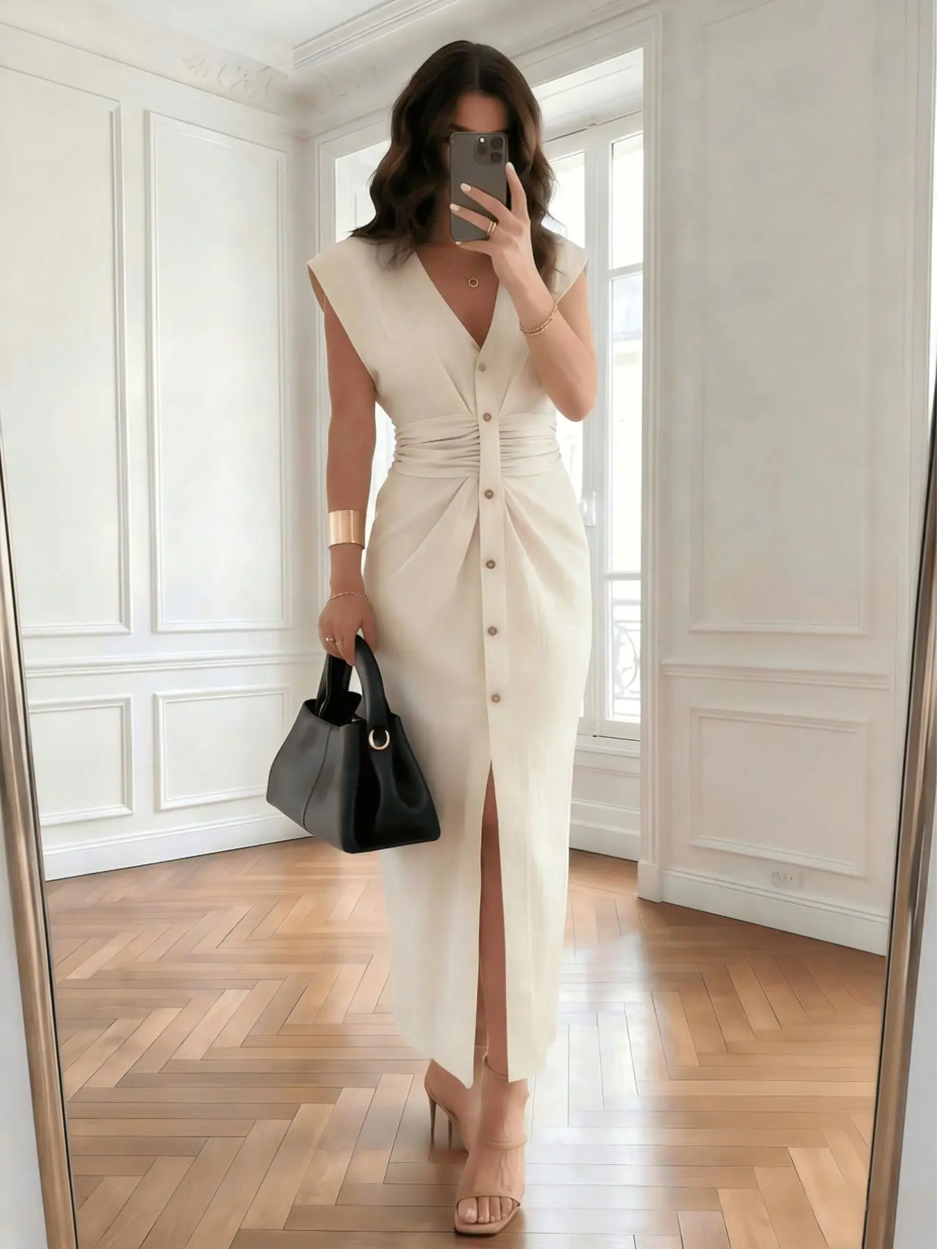 Elegant Sleeveless V-Neck Midi Dress, Pleated High Neck Split Design, Summer 2026 New Arrival, Versatile Office Wear 10609