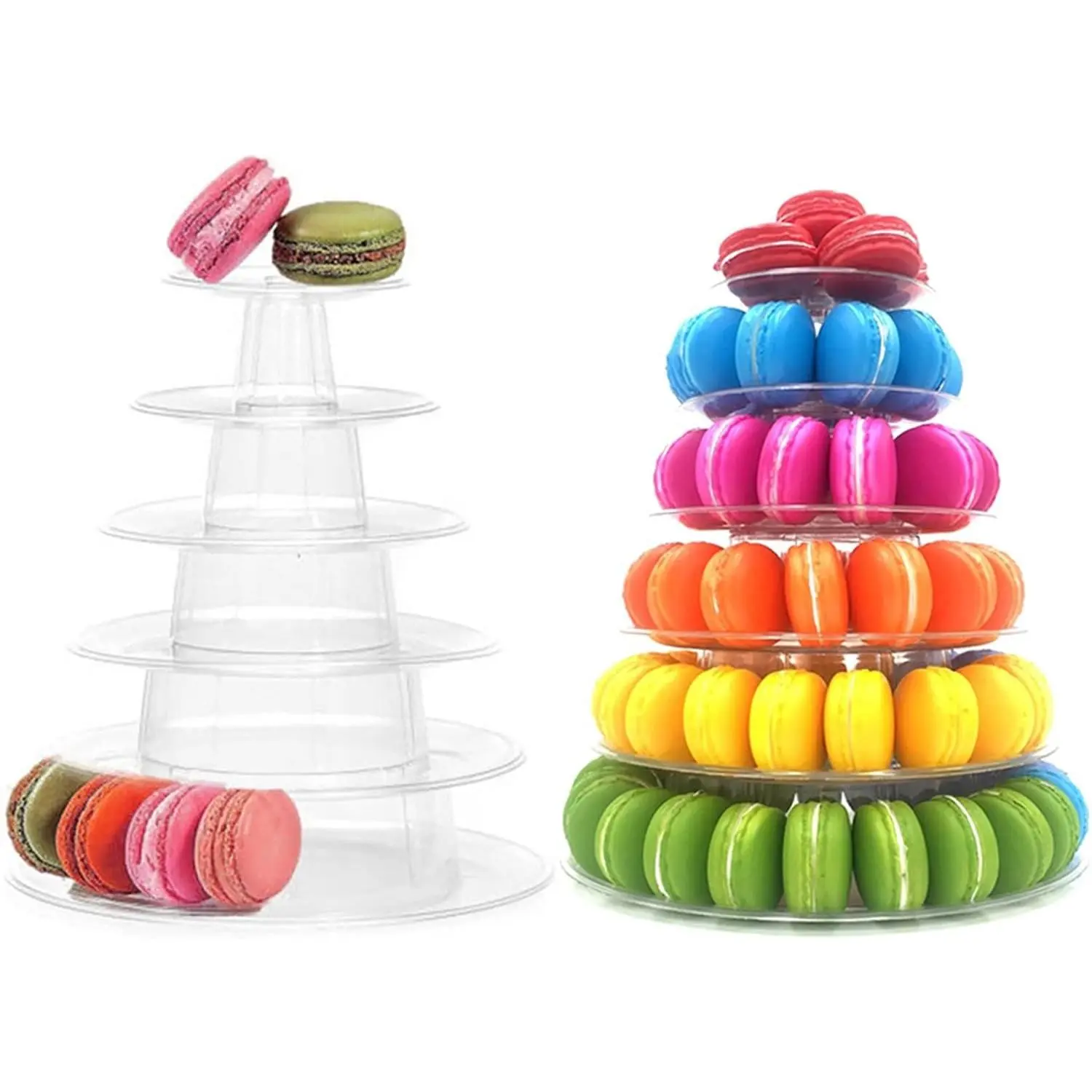 6 Tiers Round Transparent Plastic Macaron Tower Stand Cake Dessert Cupcake Display Rack Holder Platter for Baby Shower Birthday Wedding Party Decor
