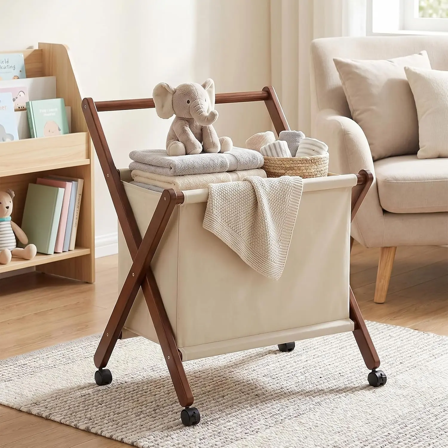 Foldable laundry cart with X-Frame – Small Bamboo wood laundry hamper| laundry basket on wheels Bathroom, RV, Dorm Collapsible Space Saving Clothes Hamper with Removable Cotton Liner