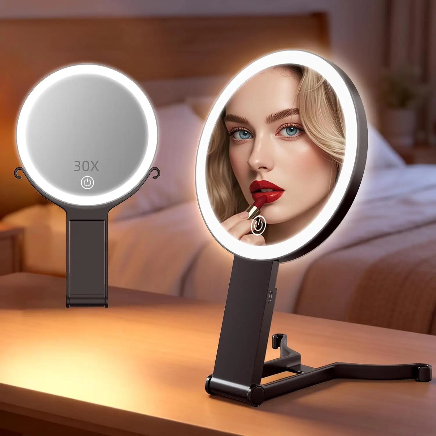 6in Rechargeable Lighted Makeup Mirror, Double-Sided 30X/1X High Magnification Mirrors, 3-Colors Dimming Lights, Desk Travel Bathroom Gadget, Makeup Focus Tool for Low Vision Seniors