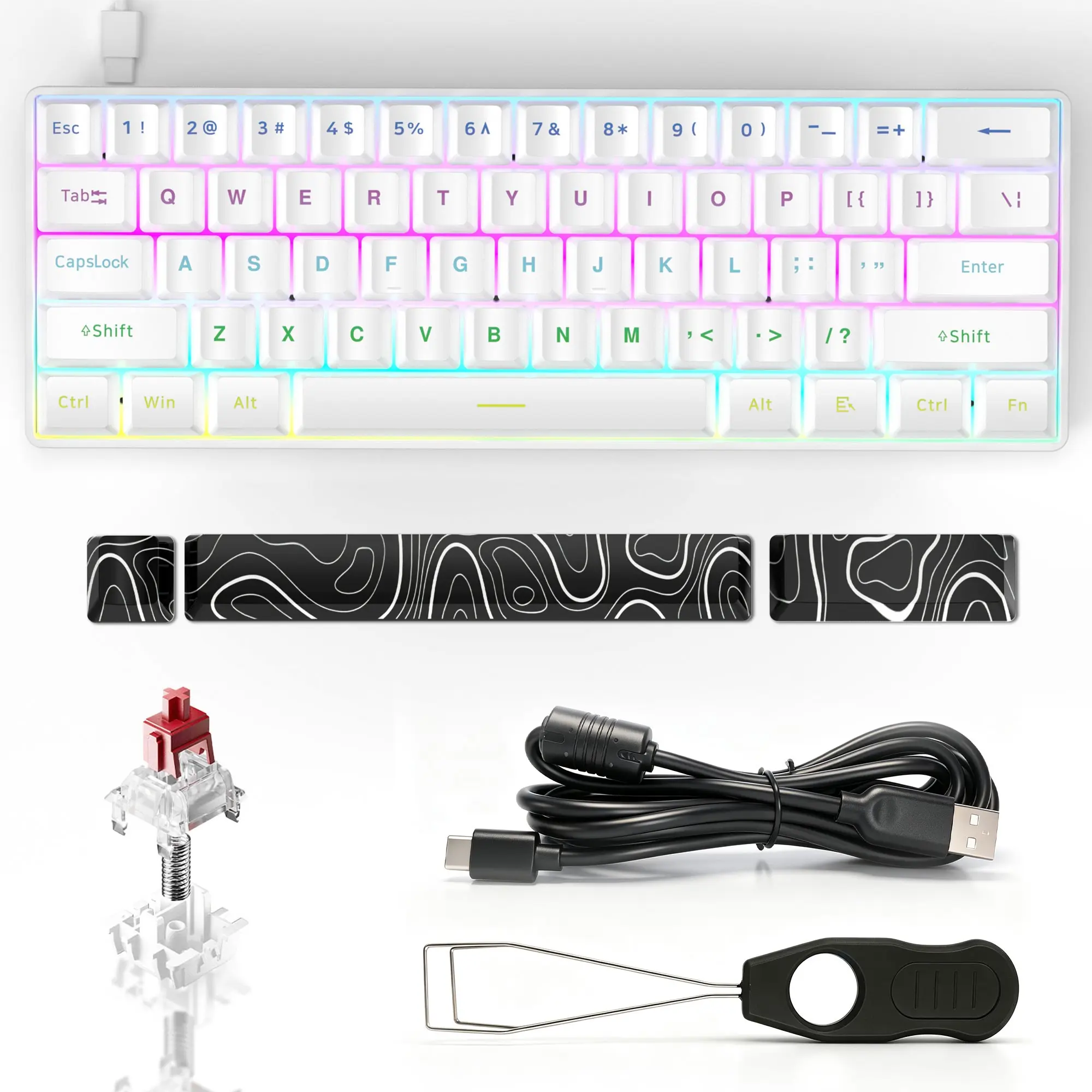 61-Key Mechanical Keyboard Axis, Wired Plug-And-Play, RGB Adjustable Lighting, Contoured Keycaps, Free Axle Puller, Compatible with Windows, PC, MAC