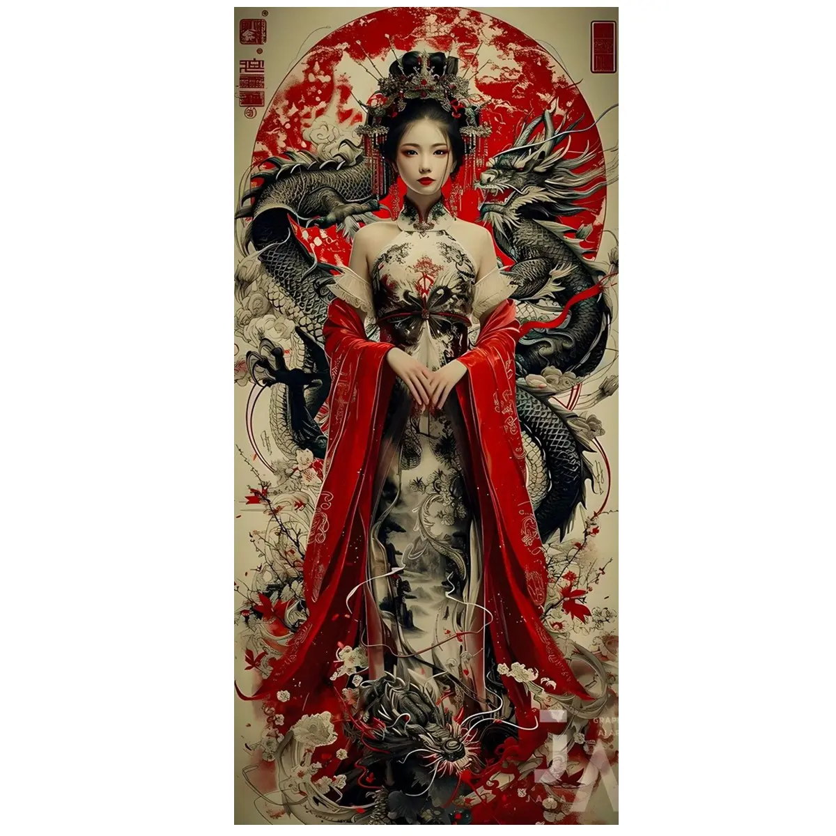 5D Diamond Painting Kit for Adults, Dragon Geisha Full Drill Diamond Art, Asian Traditional Mythology DIY Embroidery Cross Stitch for Home Wall Decor, Unique Gift