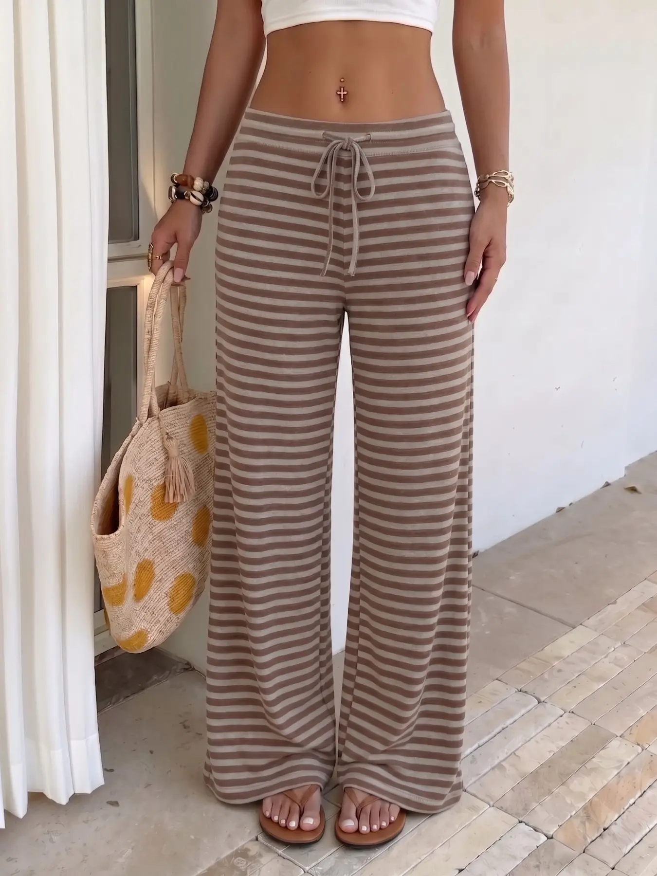 Women's Boho Loose Fit Striped Print Adjustable Drawstring High-Waisted Wide-Leg Pants, Soft Stretchy Casual Loungewear, Summer Beach & Daily Wear, Y2K Aesthetic Comfy Streetwear Bottom, Casual Fashion Loose