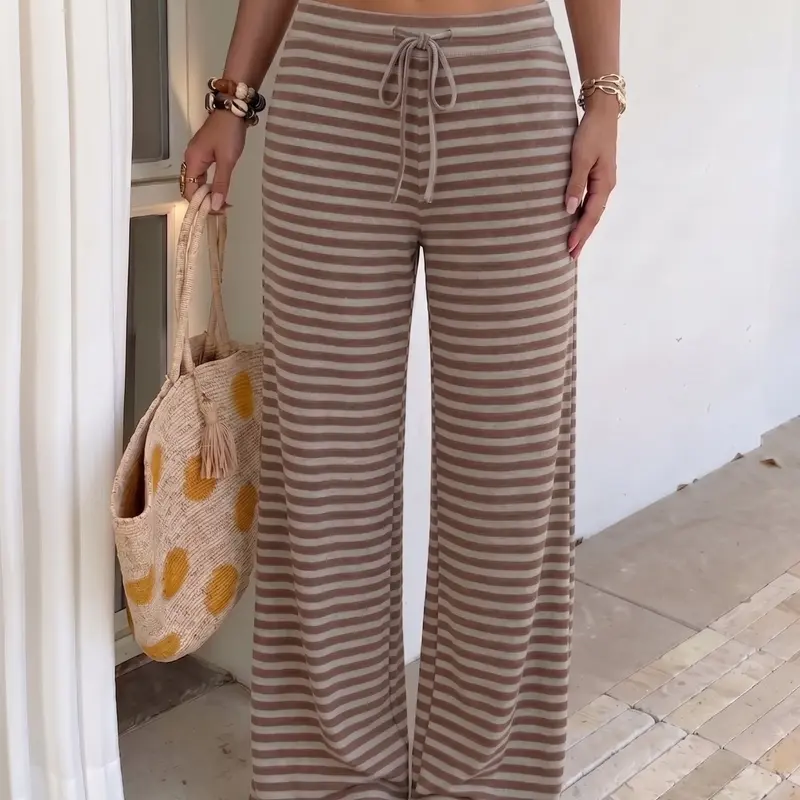 Women's Boho Loose Fit Striped Print Adjustable Drawstring High-Waisted Wide-Leg Pants, Soft Stretchy Casual Loungewear, Summer Beach & Daily Wear, Y2K Aesthetic Comfy Streetwear Bottom, Casual Fashion Loose