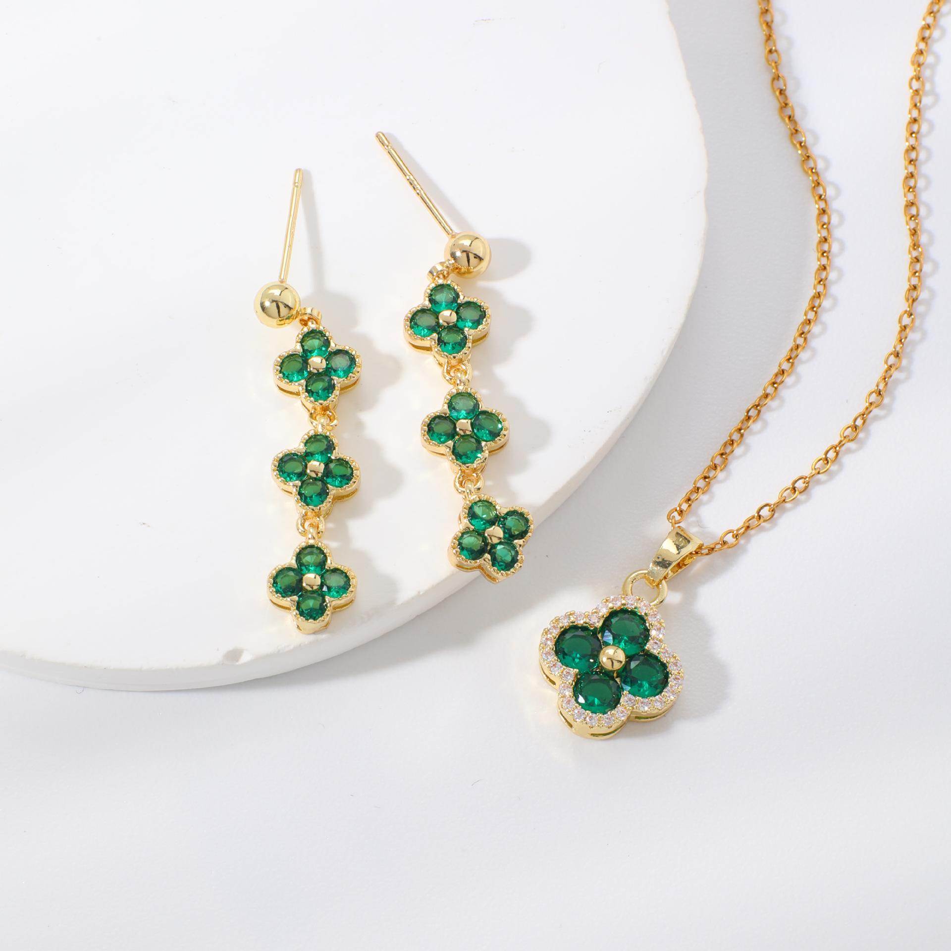 Colorful Lucky Clover Flower Elegant Fashion Copper Inlaid Zircon Earrings Necklace Jewelry Set
