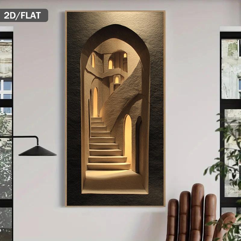 Wooden Framed Canvas Painting Wall Art1 Large Modern Abstract Illusion staircase Wall Art - 2D flat beige and brown optical illusion canvas painting, suitable for living room and bedroom - Wooden framed minimalist mural poster Wrapped in canvas